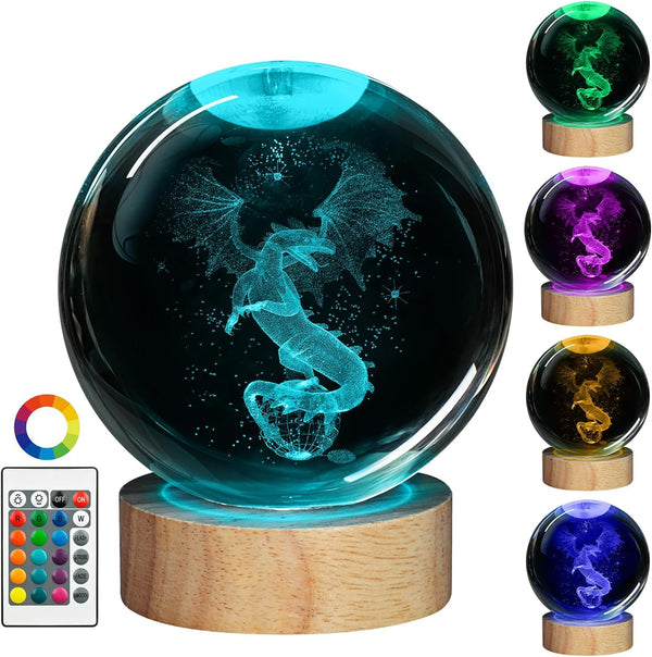 Vuebkkry 3D Dragon Crystal Ball Night Light with 16 Colors, Larger 3.15in Dragon