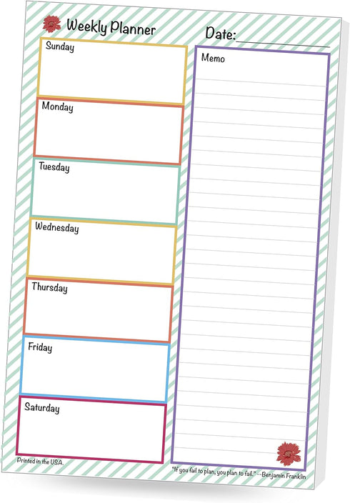 WEEKLY PLANNER Notepad - 6 x 9, Colorful Design, 50 Sheets per Pad for Organization