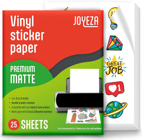 JOYEZA Premium Printable Vinyl Sticker Paper, 25 Sheets Matte White, Waterproof, Inkjet & Laser Printer