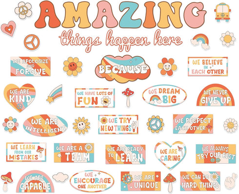 Groovy Bulletin Board Classroom Decorations, Amazing Things Happen Here Set for Back to School Wall Decor