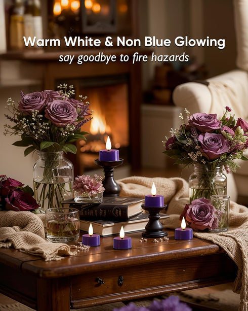3D 300+Hour Set 24 Amagic Flameless Purple Timer Remote Tealights Candles, Black Wick Flickering Tea Light, Colored