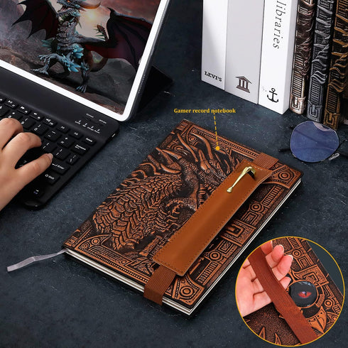 Vintage DND Journal 3D Embossed Leather Notebook with Ballpoint Pen and Pen Sleeve.Handmade A5 Travel Journal,Hardcover Liner,Dragon Notebook Gift for Men&Women(Red Copper)