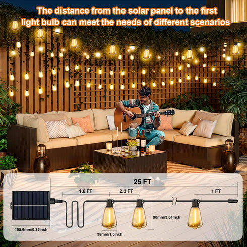 ST38 Bulbs, (25FT) Solar String Lights Outdoor Waterproof with Remote & Timer, LED Shatterproof USB & Solar Powered
