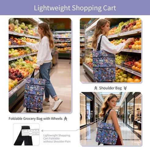 EmHangzz Folding Shopping Bag with Wheels, Small Rolling Folding Grocery Cart on Wheels, Collapsible Wheeled Portable