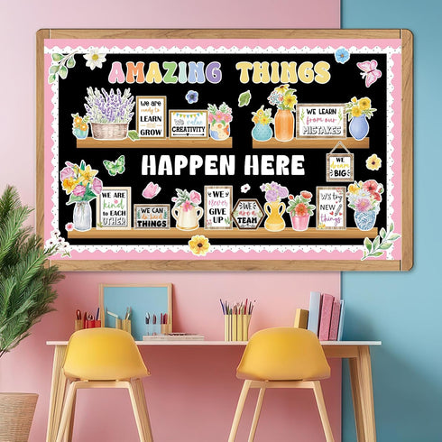 74pcs Set Spring Bulletin Board Decorations Flower Bookshelf Bulletin Board Amazing Things Happen Here Paper Cutouts