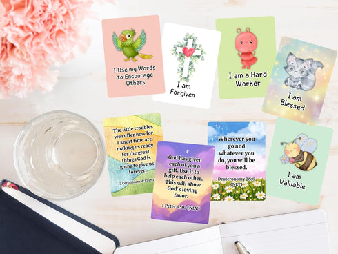 52 Christian Biblical Affirmation Cards for Kids, Affirmations with Bible Verse on Back, Scripture Memory Cards, Bible