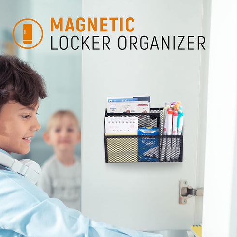 DALTACK Magnetic Pencil Holder, 3-Grid Mesh Magnetic Shelf for Whiteboard, Refrigerator, Locker Organizer