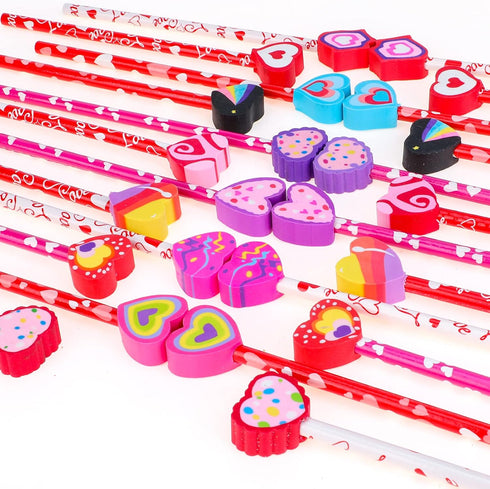 Konsait 2 Dozen (24) Valentine Pencils Assortment with Giant Eraser Topper Decorated with Love Hearts, Candies, Stars