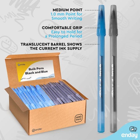 Enday Bulk Pens, 400 Count Black & Blue Ballpoint Pens, Medium Point (1.0mm), Flexible Round Barrel for Comfort