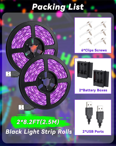 16.4FT 300LEDs Black Light Strip with USB Plug + Battery Box, Adhesive Blacklight Fixture, Battery & USB Operated