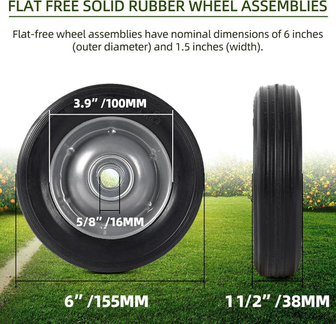 (2-Pack) AR-PRO 6” x 1.5” Flat Free Solid Rubber Wheel Assemblies - Replacement Hand Truck Wheels with Ball Bearings and 5/8” Bore Hole Diameter - Heavy-Duty Solid Rubber Wheels 132 lbs Load Capacity by AR-PRO