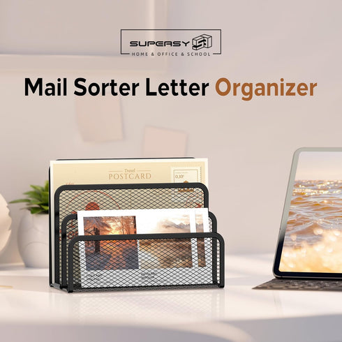 SUPEASY Mail Organizer for Desk, Mesh Metal Mail Holder Countertop with 3-Slot, Letter Sorter File Holder, Office Envelope Organizer for Mails (Black) by SUPEASY