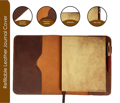 TheAntiq Leather Journal Cover, XL Journal Cover, 7.5in x 9.75in, Genuine Handmade Leather Case for Planners