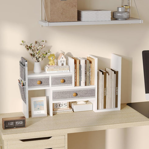 X-cosrack Wood Expandable Desktop Bookshelf, Adjustable Storage Organizer with Drawers for Office Supplies, Makeup,