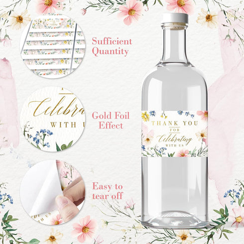 50 8.27" 1.97" Mobiusea Creation Pcs Wild Floral Water Bottle Labels x Thank You Water Bottle Wraps with Gold Foil Text