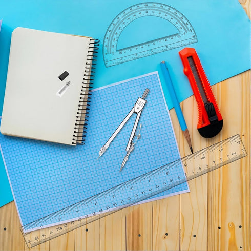 CNTVO 3 12 Inch Set Pcs Plastic Ruler, Clear Protractor and Compasses for Student Geometry, Durable Transparent Drawing