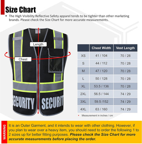 Heavy Duty Black Mesh Retro-Reflection Security Safety Vests with 5 Pockets and Front Zipper, Meet ANSI/ISEA 107-2015