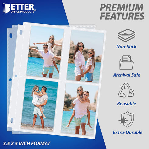 Better Office Products Photo Album Refill Sheets, 3.5 x 5 Inch, Heavyweight, Diamond Clear 3 Ring Photo Binder Page