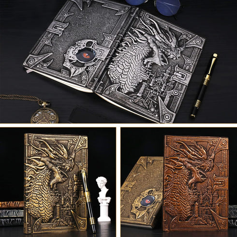 DND Dragon Notebook, 3D Embossed Leather Journal, A5 Vintage Travel Journal with Pen & Sleeve, D&D Handmade Diary