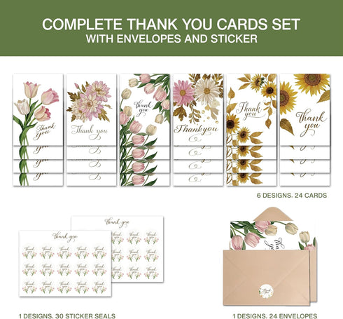 XISHIUYIS 24 Pack 6 Set, (3.5x5in) Thank You Cards with Envelopes - Floral Designs Thank You Notes with Envelopes Small