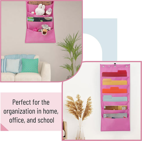 Mr. Pen Hanging Wall File Organizer, 6 Pocket Pink with 3 Overdoor Hangers Included