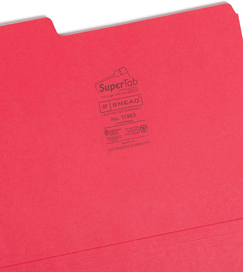 Smead SuperTab File Folder, Oversized 1/3-Cut Tab, Letter Size, Red, 100 per Box (11983)