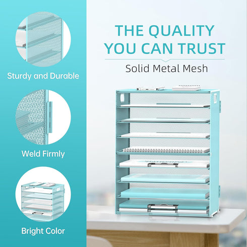 DALTACK 9-Tier Paper Letter Tray Desk Organizer with Handles, Mesh File Holder for Office Home School, Blue