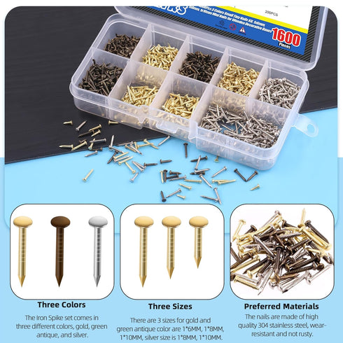 Glarks 1600Pcs Small Tiny Nails Kit, Wooden Screw Nail Gold Silver Bronze, 1x6mm, 1x8mm, 1x10mm Mini Nails for DIY