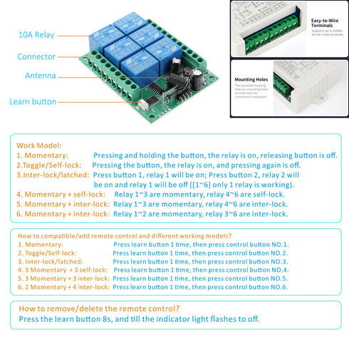 12V 24V 36V 48V 433Mhz 12V-48V 10A 6 12V~48V, 2 DC Wireless Switch, Channel Wireless Remote Control Switch for Garage