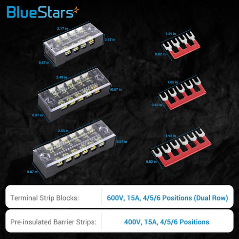 BlueStars 6 Packs 4/5/6 Positions Terminal Strip Blocks 600V 15A with Cover and 6 Packs 400V 15A Pre-Insulated Terminals Barrier Strip Used for Home Electrical Project