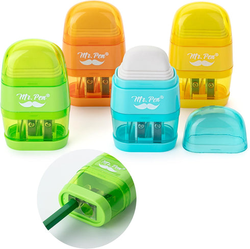 Mr. Pen Pencil Sharpener & Eraser, 4 Pack, Colorful, 2 Sharpening Holes, Manual Handheld Pencil Sharpener