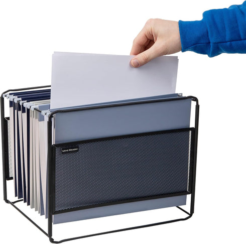 Mind Reader Hanging File Folder Organizer, Metal Mesh Desktop Storage for Office, 13" L x 9.75" W x 10.25" H, Black