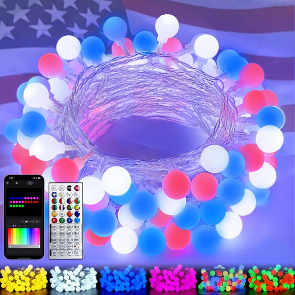2026 46ft Smart Color Changing Red White and Blue String Lights Outdoor