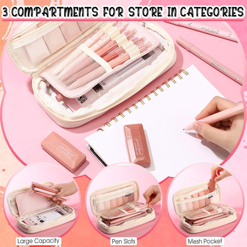Janlaugh 38 Pcs Aesthetic College School Supplies, Pen Case, Sticky Notes, Gel Pens, Highlighters, Pink Color