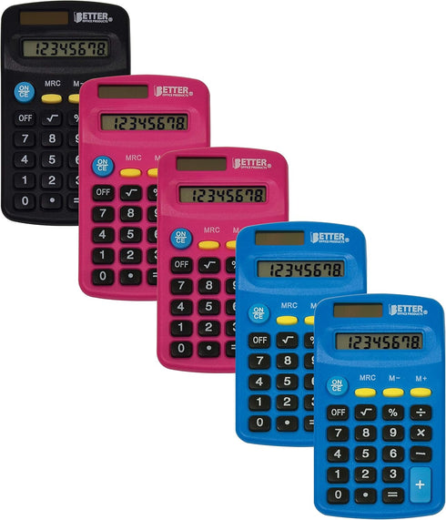 Better Office Products Pocket Size Mini Calculators, 5 Pack, Handheld Angled 8-Digit Display, Standard Function,