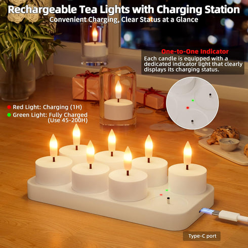 8Pcs Rechargeable Flameless Tea Lights Candles with Charging Station Battery Tea Lights with Remote & Timer LED