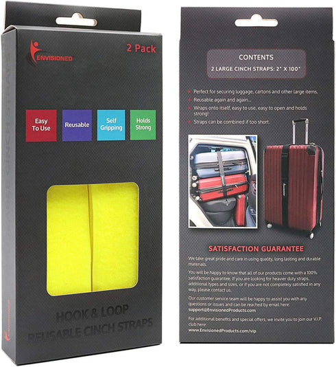 Reusable Cinch Straps 2" x 100", 2 Pack Hook and Loop Straps, Neon Yellow