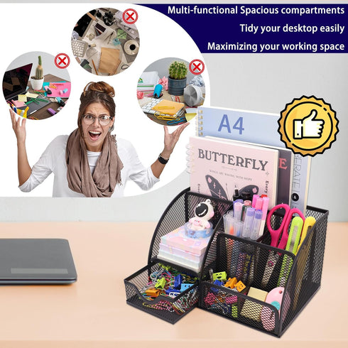 Mesh Desk Organizer with 6 Compartments and 1 Drawer, Multi-Functional Caddy for Office, Home, School Decor (Black)