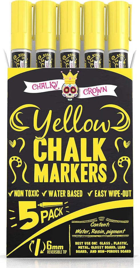 CHALKY CROWN Liquid Chalk Marker Pen, Dry Erase Marker for Chalkboard Signs, 6mm Reversible Tip, Yellow