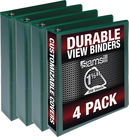 Samsill Durable 1.5 Inch Binder, Made in the USA, D Ring Customizable Clear View Binder, Green, 4 Pack