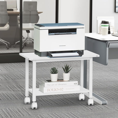 Lerliuo Under Desk Printer Stand, 2-Tier Mobile Printer Table with Storage Shelf and Lockable Wheels (White)