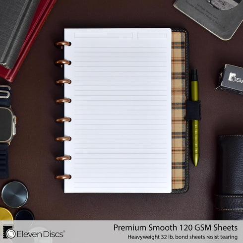 Discbound Paper, Junior Size Ruled Sheets, Premium 120gsm Notebook & Planner Refills, 50 Sheets