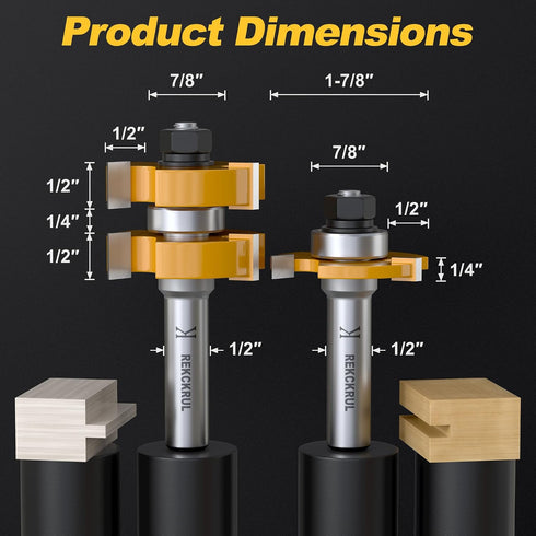 2 Set, 1/2 Inch 3 PCS Professional Tongue and Groove Router Bit Shank Teeth Adjustable T-Shape Wood Milling Cutter