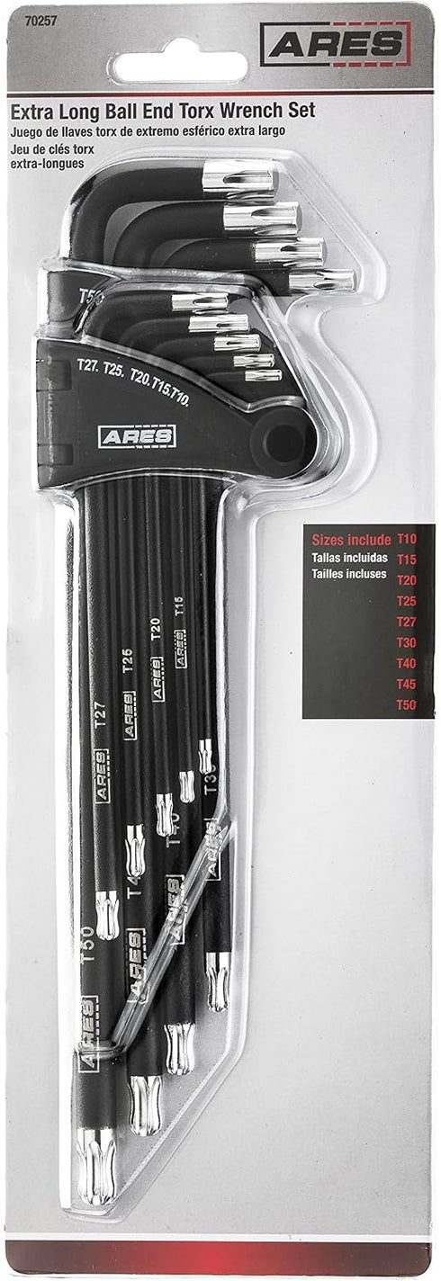 70257 Set 9-Piece Set T10-T50 S2 ARES - Extra Long Ball End Torx L-Key - Includes Sizes - Anti-Slip Textured Black