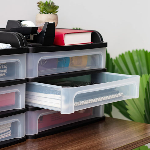 IRIS USA Plastic Desk Top 3-Drawer Storage Organizer, 1-Pack for Makeup, Art Supplies, Medium, Black