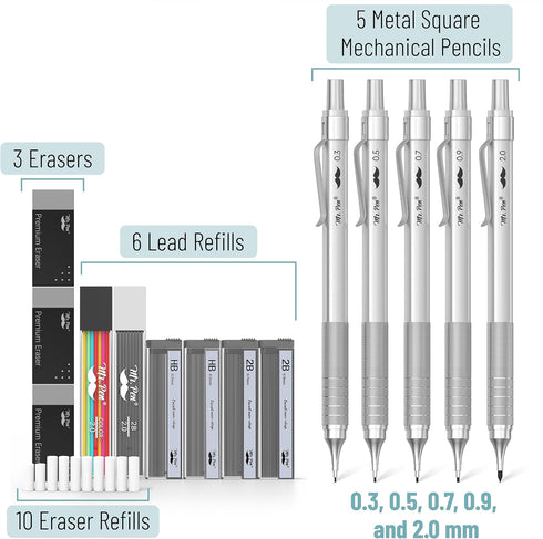 Mr. Pen- Metal Mechanical Pencil Set, 5 Sizes, 0.3, 0.5, 0.7, 0.9, 2mm, Mechanical Pencils, Sketching Pencils, Drafting Pencil, Mechanical Pencil Metal, Lead Pencils by Mr. Pen