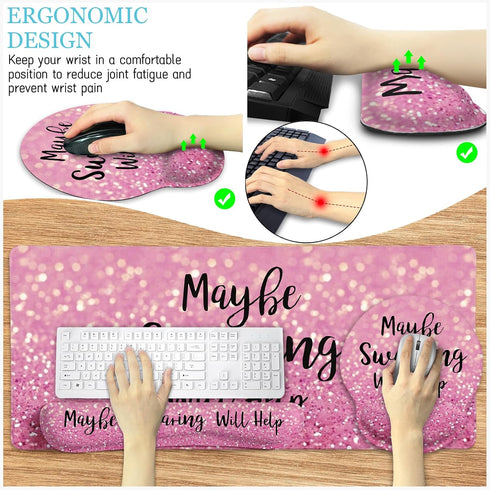 Pink Desk Mat Set, Ergonomic Mouse Pad with Wrist Rest, Large Desk Mat for Desktop, Gaming Mousepad Cup Coaster