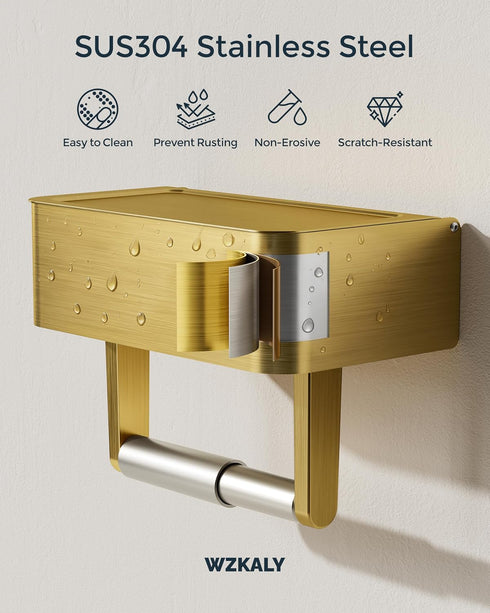 Toilet Paper Holder with Shelf, Wipes Holder for Bathroom, Flushable Wipes Dispenser, Stainless Steel Toilet Paper Roll
