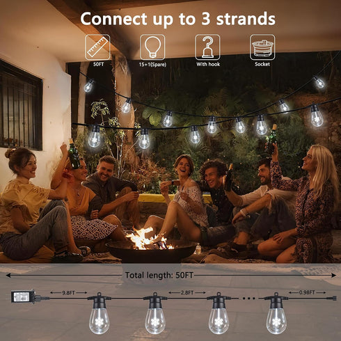 50FT 16Pcs S14 Bulb(1 Spare),4 Bulb LED Outdoor String Lights, Patio Lights with Shatterproof Lighting Mode