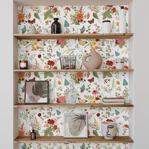 17.7''x354'' VEELIKE Herbs Floral Wallpaper Stick and Peel Vintage Butterflies Marigolds Contact Paper for Walls